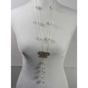 Gold Tone Butterfly Rhinestone Faux Bead Necklace 38" Boho Cottage Whimsical